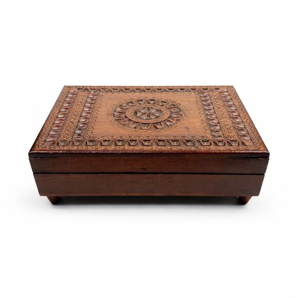 Other - Wooden Music Box Trinket Jewelry Hand Carved Vintage Poland Lidded Handmade Smal